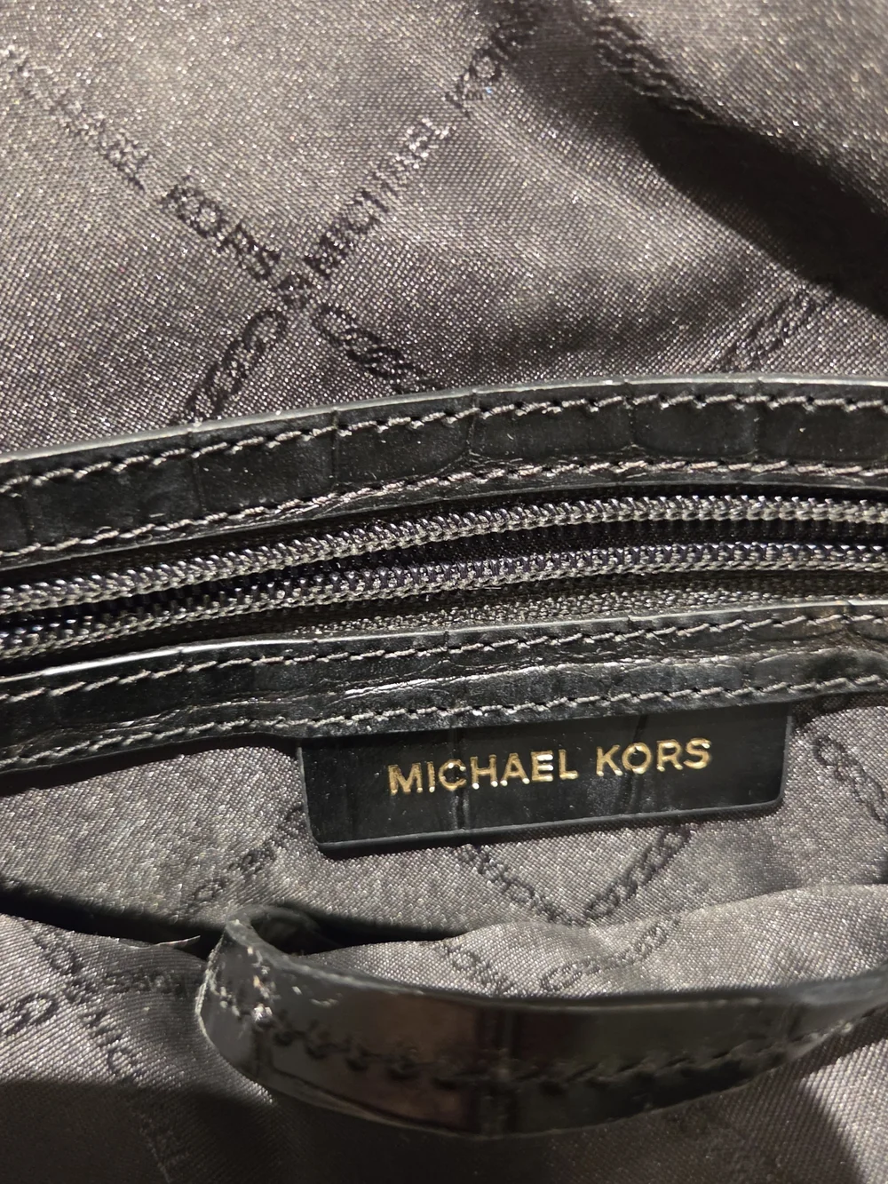 Michael Kors Black Croc-Embossed Leather Satchel with Gold Hardware